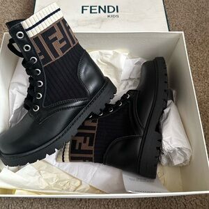 Kids Leather Fendi Logo Biker Boots